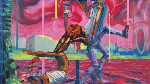 abstract painting of young man performing a flat land backflip