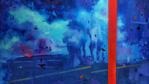 abstract painting of people walking down the middle of the street at night with fog, confetti, or smoke