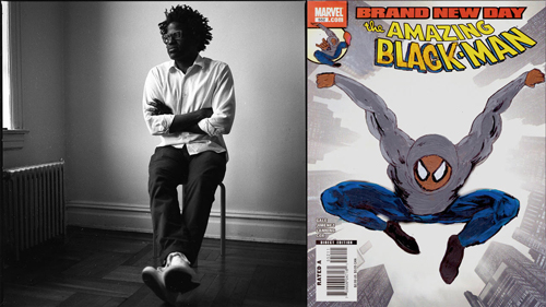 KumKumasi J. Barnett sitting on basic stool in empty room in black and white photograph and Amazing Blackman comic cover
