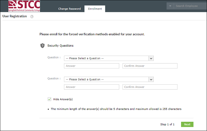 screenshot of security questions