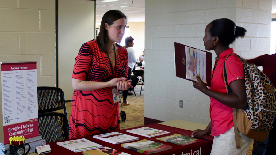 student asking question at open house