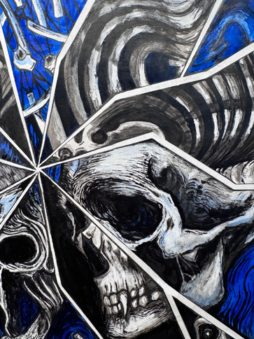 collage of skeleton parts both literal as in a skull and more abstract like ribs shaped like a rolling wave