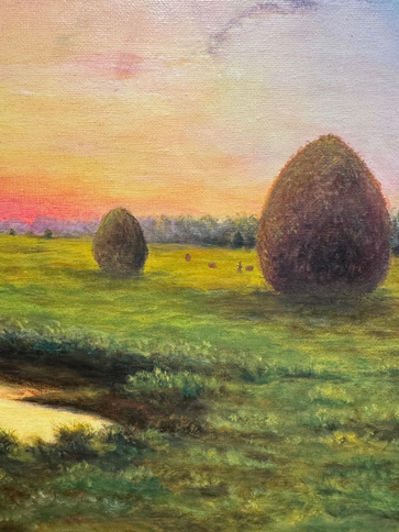 painting of egg-shaped objects in field during a sunset