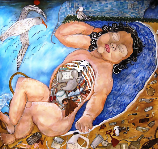 a baby with long hair and a see through chest with Knick Knacks inside ribcage