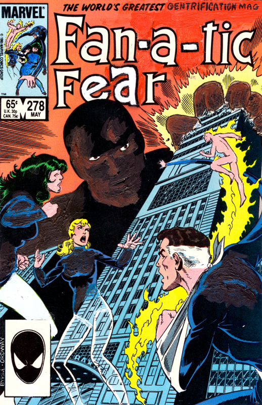 fantastic four comic book cover painted over to say fantastic fear and feature a giant black villian