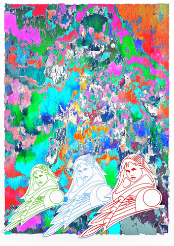 three figures superimposed over a collage of melting bright colors