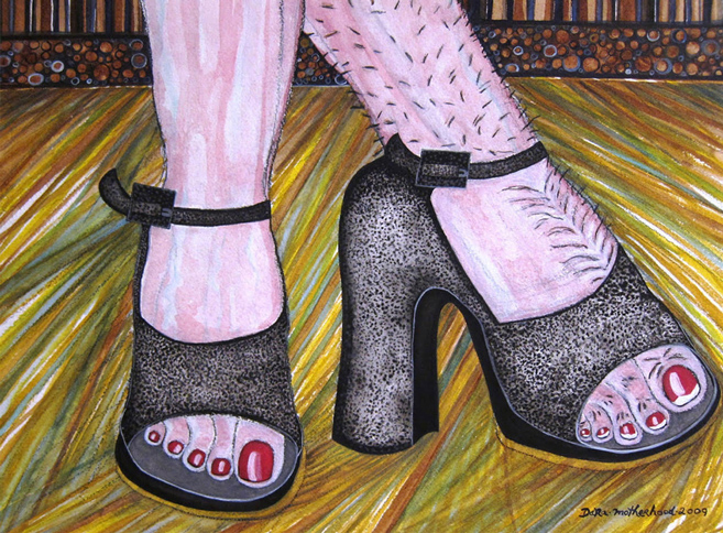 painting of feet in heels with one leg with hair stuble