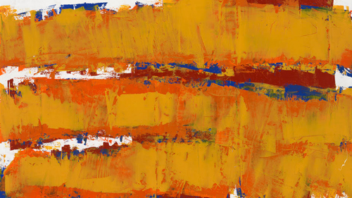 oil painting by LG Talbot featuring verticle orange and yellow stripes and touches of dark red and blue in the background