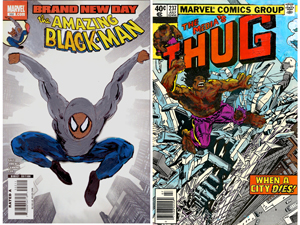 two art pieces by Kumasi J. Barnett The Amazing Black Man and The Media's Thug paradies of popular comic book characters