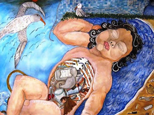 Dara Herman Zierlein painting of woman with x ray torso revealing junk inside
