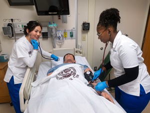 nursing students taking pulse on a simulated body