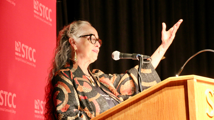 poet Magdalena Gomez performing
