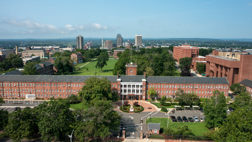 Garvey Hall and campus green from aerial view