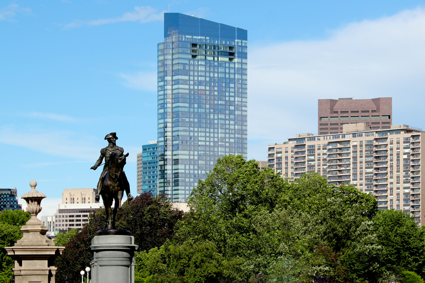 statue in front of sky scraper in downtown Springfield
