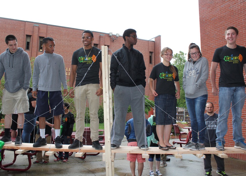 Students on a suspensaion bridge