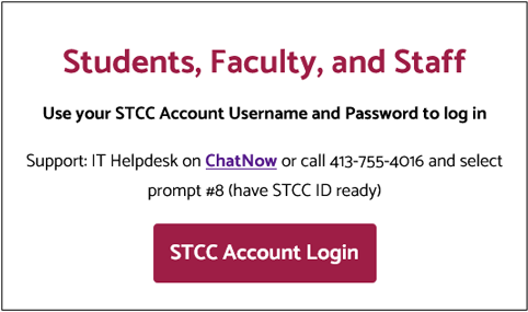 Screenshot of New STCC Login with heading Students, Faculty, and Staff