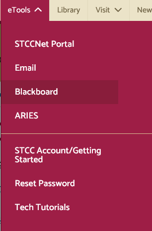 screenshot of eTools menu with Blackboard highlighted