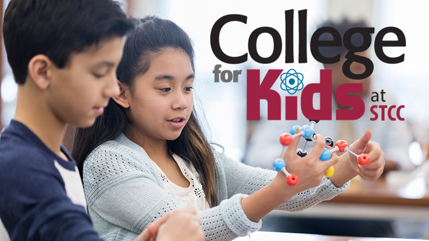 children playing with molecule model next to the College for Kids logo