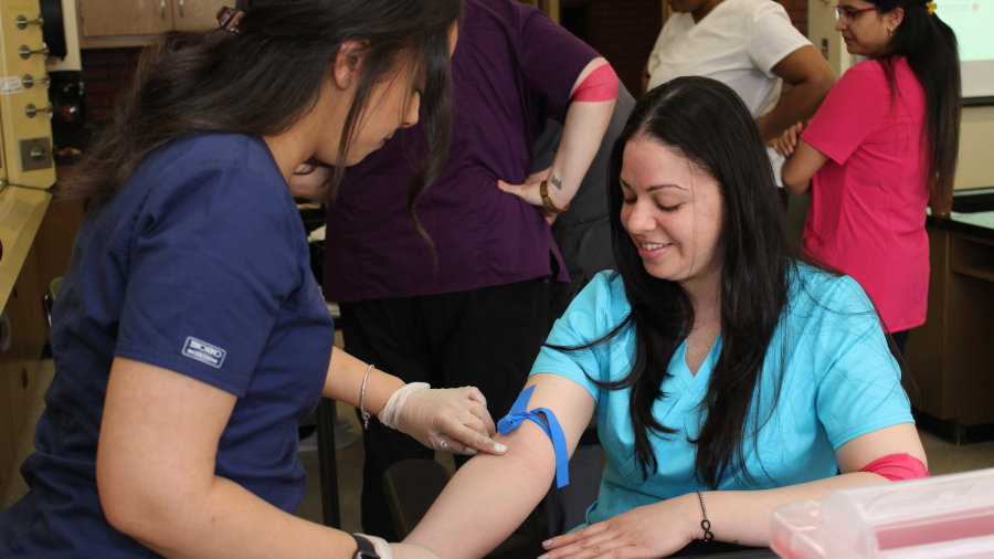 phlebotomy student finding the vein in the arm of another student