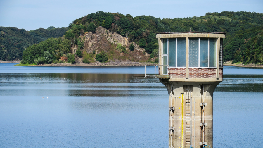 Drinking Water Reservior with concrete tower in middle of water