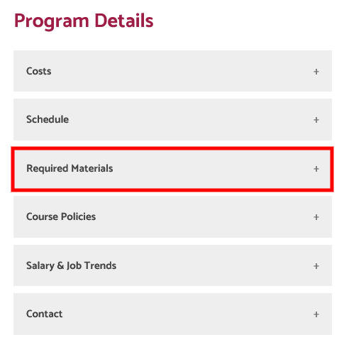 screenshot of program details section and required materials tab